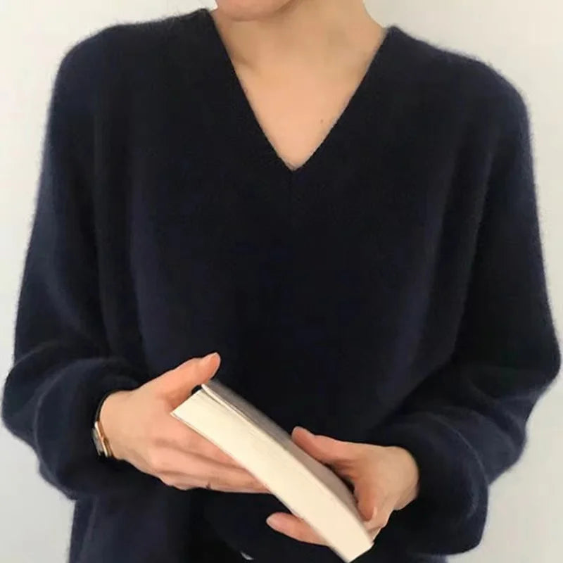 Women's V-Neck Knitted Sweater Spring Autumn Inner Wear Retro Japanese Style 2026 New Loose Fit Long Sleeve Top