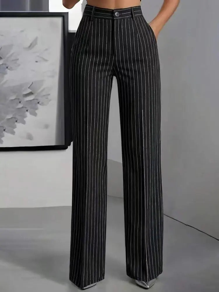 Women Fashion Pinstripe Wide Leg Pants High Waist Button Back Elastic Waist Pleated Front Elegant Office & Casual Trousers