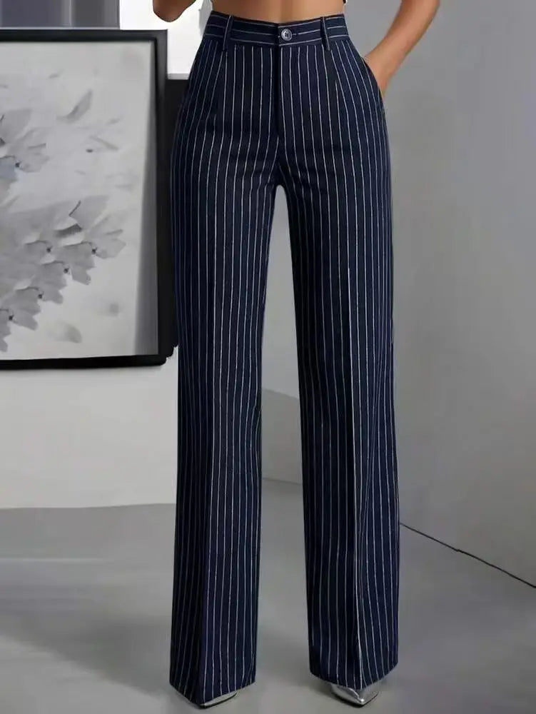 Women Fashion Pinstripe Wide Leg Pants High Waist Button Back Elastic Waist Pleated Front Elegant Office & Casual Trousers