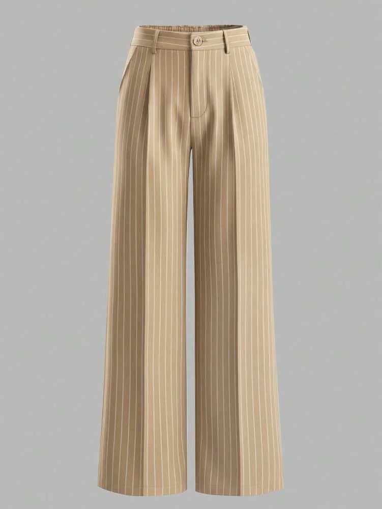 Women Fashion Pinstripe Wide Leg Pants High Waist Button Back Elastic Waist Pleated Front Elegant Office & Casual Trousers