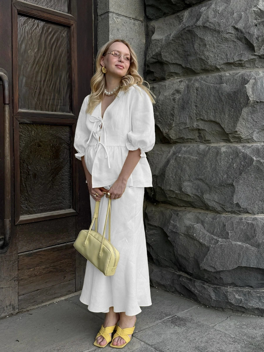 Bornladies 2025 Summer Women's 100% Cotton V-Neck Lace-Up Bubble Sleeve Shirt  Long Skirt Set Loose Casual Two-Piece Suit