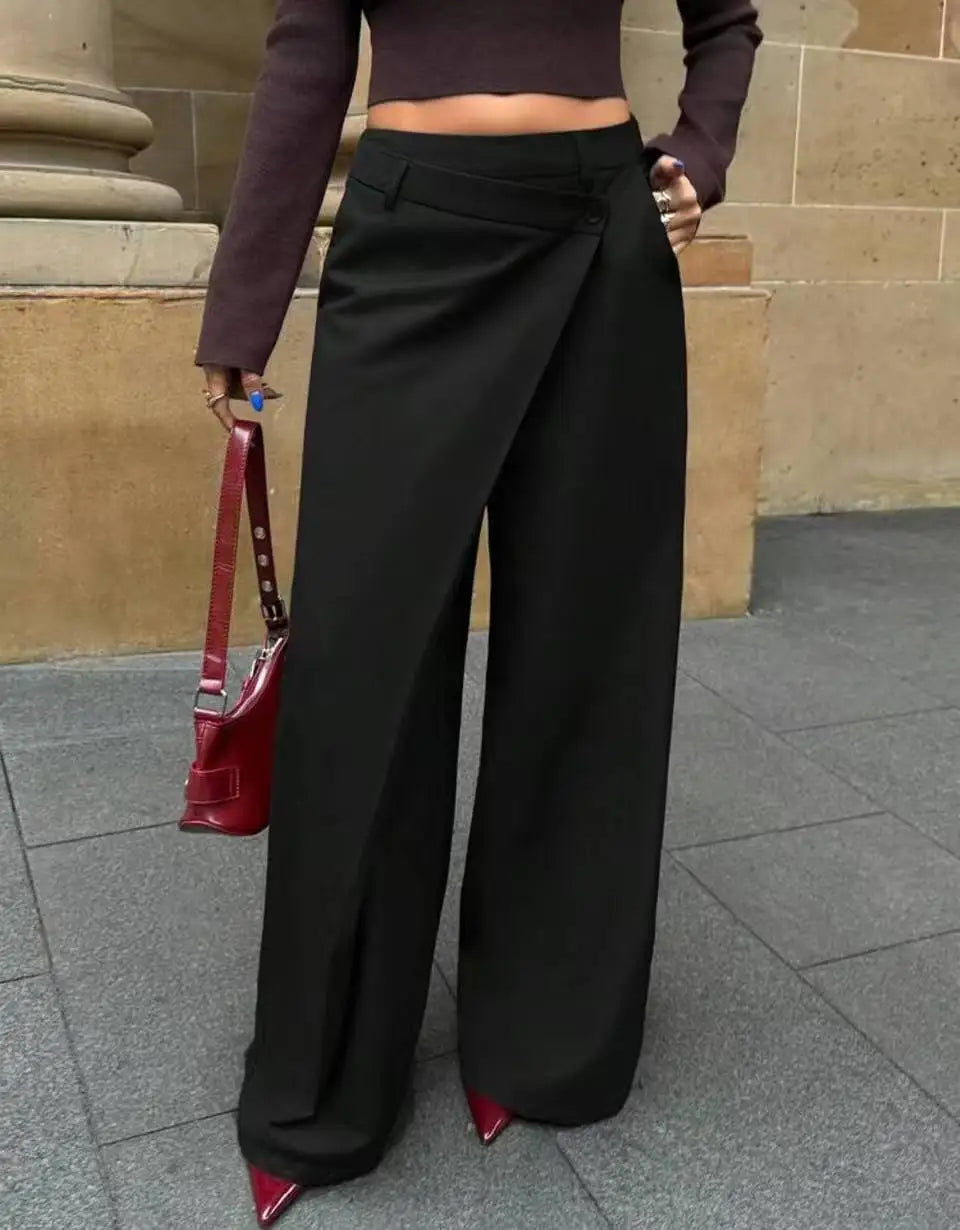 2026 Spring Autumn New Irregular Splicing Straight Wide Leg Pants for Women Draped Suit Pants Fashion Design Long Trousers