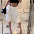 Women High Waist Pleated Wide Leg Bermuda Shorts Solid Loose Fit Front Crease Knee Length Suit Culottes Office Casual Shorts