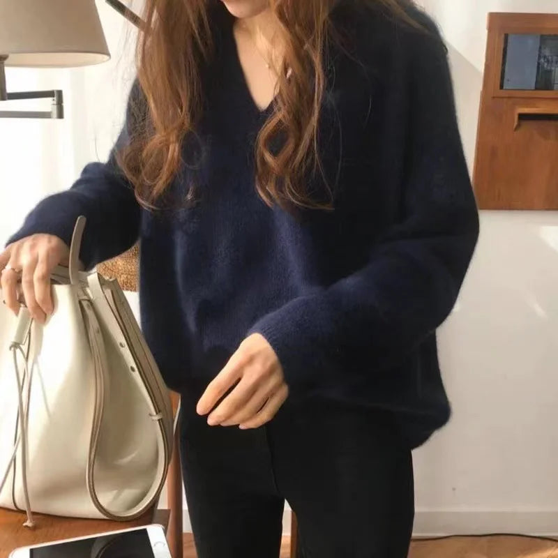 Women's V-Neck Knitted Sweater Spring Autumn Inner Wear Retro Japanese Style 2026 New Loose Fit Long Sleeve Top