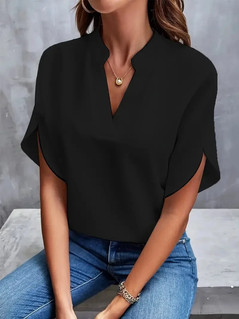 VEITCHE Summer Women Casual Solid Blouse Women Fashion V-neck Half Sleeve Shirts Office Elegant Pullover Loose Blusas Tops