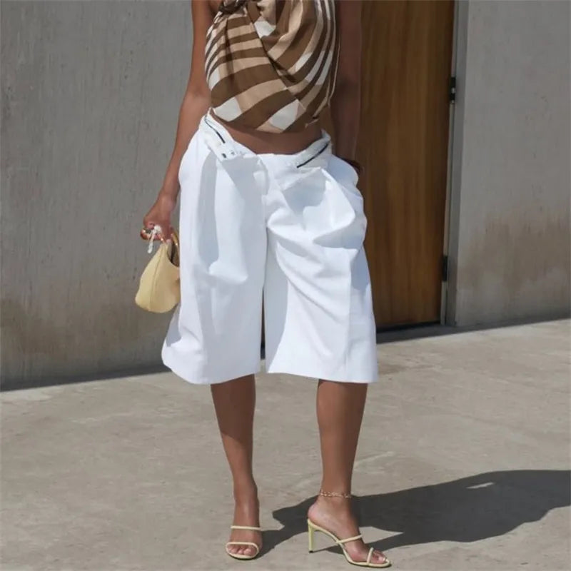 Women High Waist Pleated Wide Leg Bermuda Shorts Solid Loose Fit Front Crease Knee Length Suit Culottes Office Casual Shorts