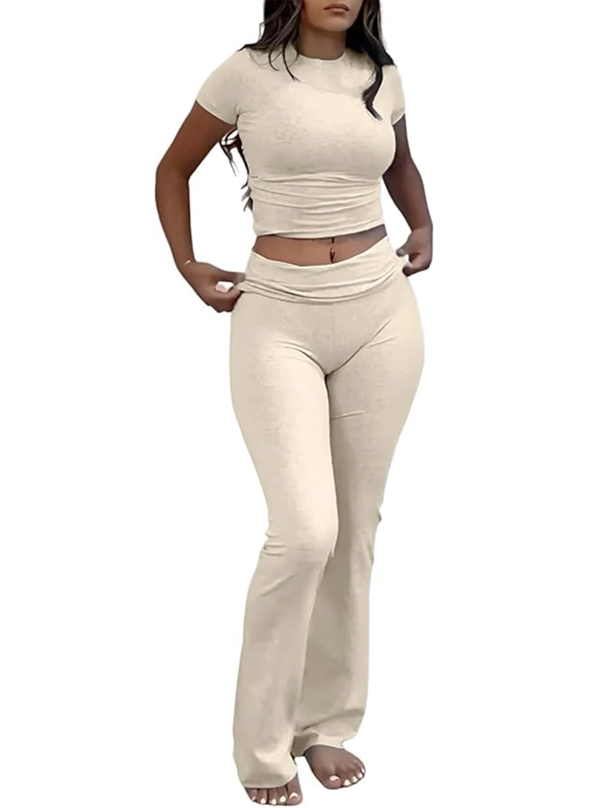 Casual Workout Two Piece Outfits for Women Short Sleeve Crop High Waist Foldover Flare Pants Tracksuit Sets Streetwear
