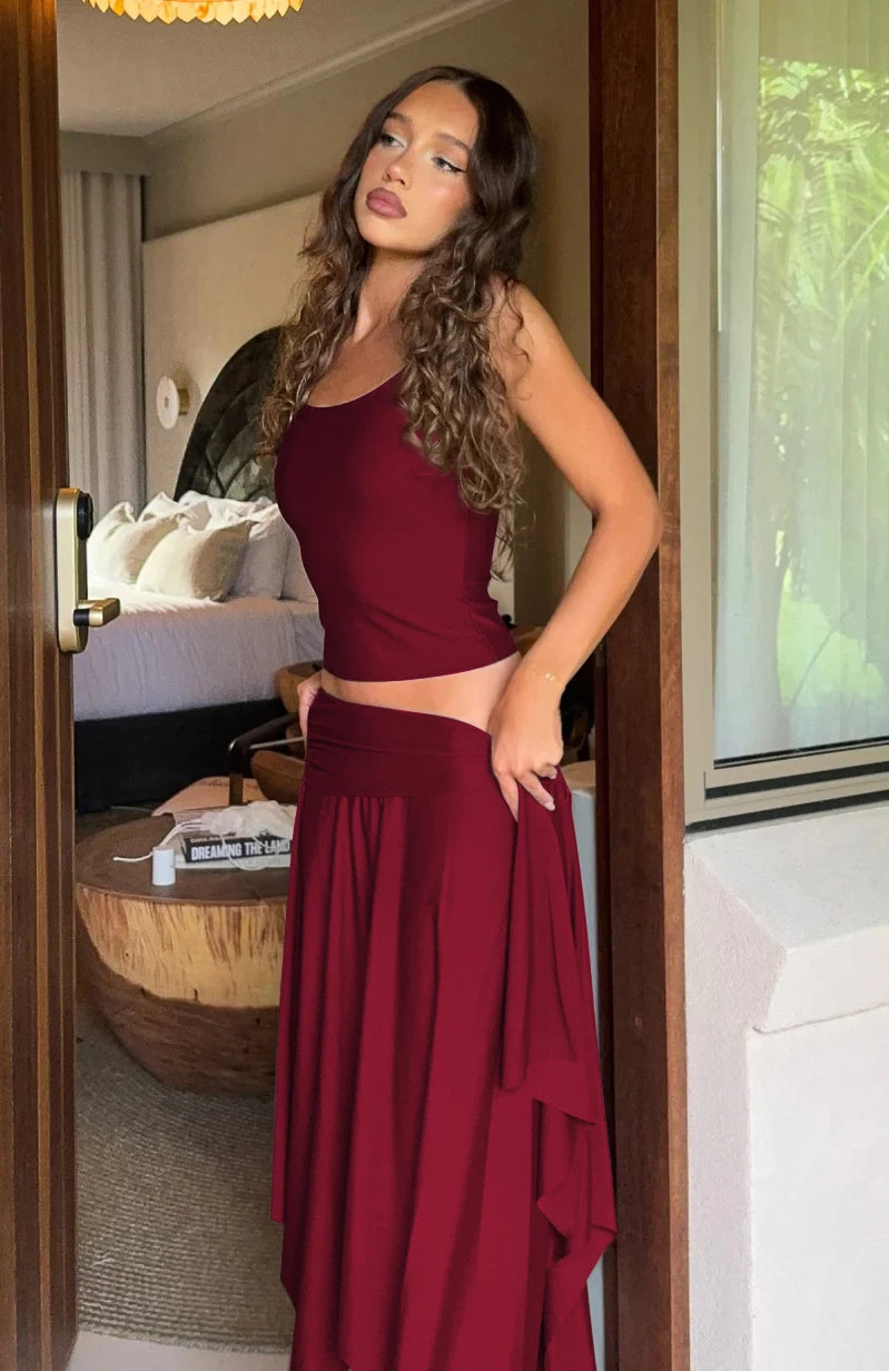 Dulzura Solid Sexy Elegant 2 Piece Skirt Set Backless Crop Camisole Ruched Slim Irregular Skirt Matching Set Party Club Clothes