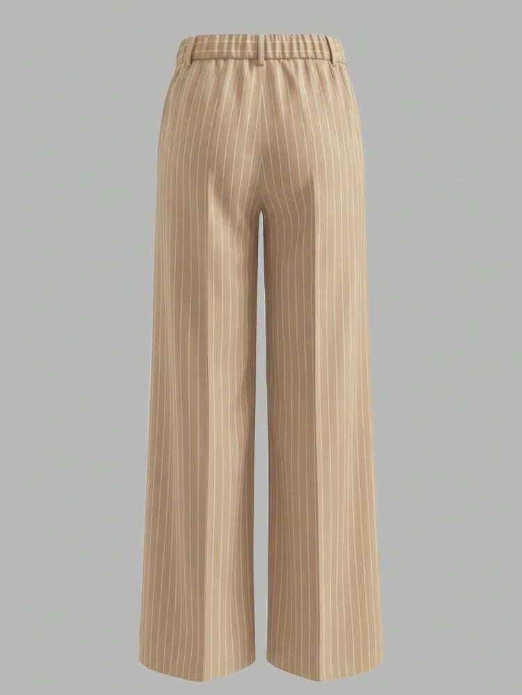 Women Fashion Pinstripe Wide Leg Pants High Waist Button Back Elastic Waist Pleated Front Elegant Office & Casual Trousers