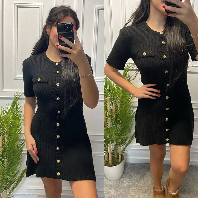 White Elegant Knitted Mini Dress For Women Metal Button Sexy Slim Rib Sweater Dress Holiday Party Outfits Autumn 2024 New