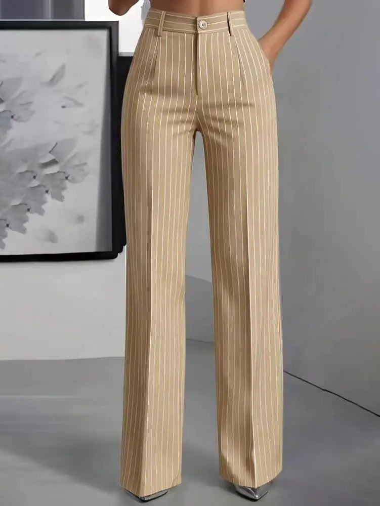 Women Fashion Pinstripe Wide Leg Pants High Waist Button Back Elastic Waist Pleated Front Elegant Office & Casual Trousers