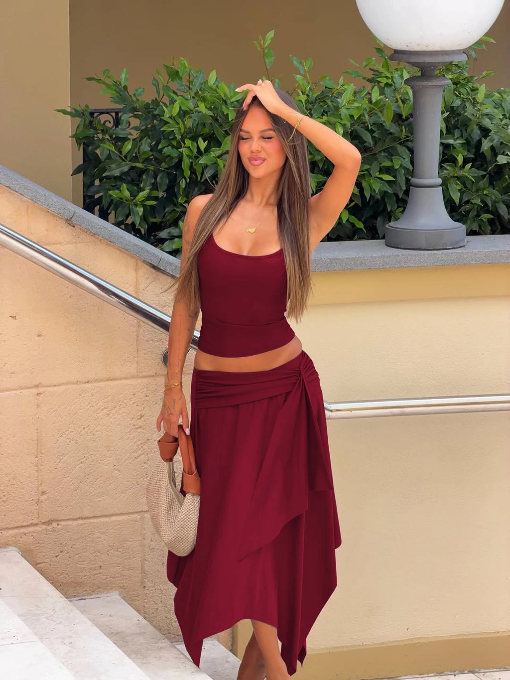 Dulzura Solid Sexy Elegant 2 Piece Skirt Set Backless Crop Camisole Ruched Slim Irregular Skirt Matching Set Party Club Clothes