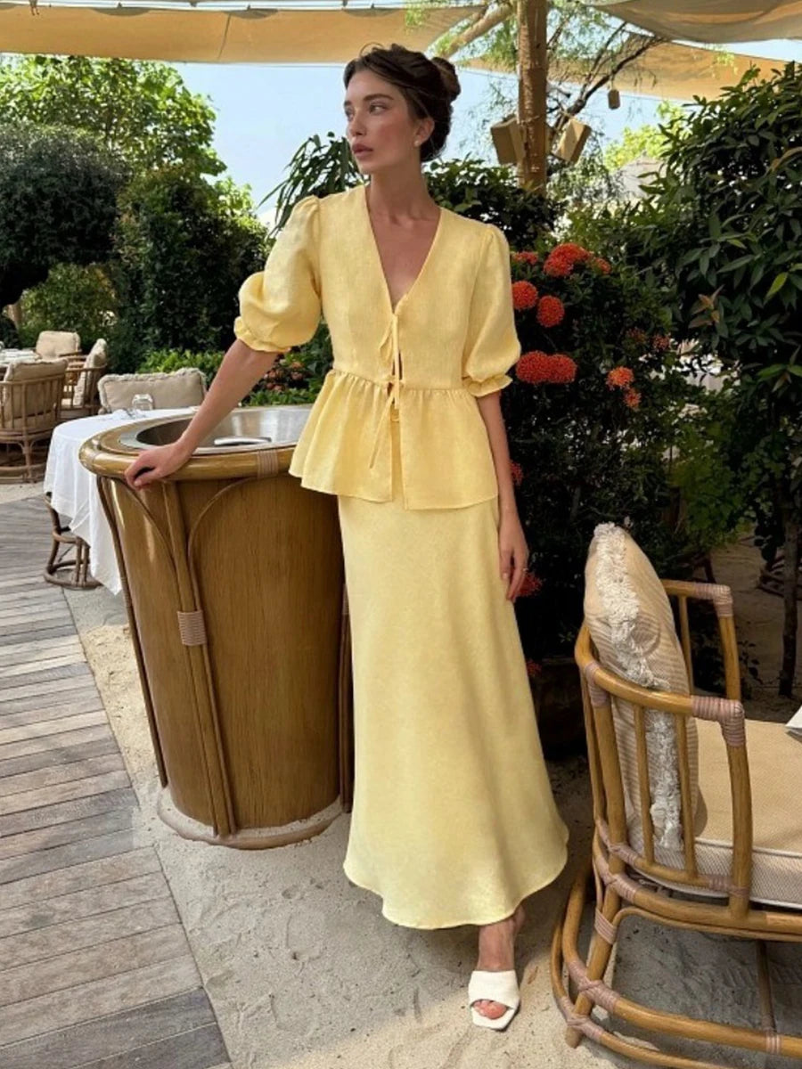Bornladies 2025 Summer Women's 100% Cotton V-Neck Lace-Up Bubble Sleeve Shirt  Long Skirt Set Loose Casual Two-Piece Suit