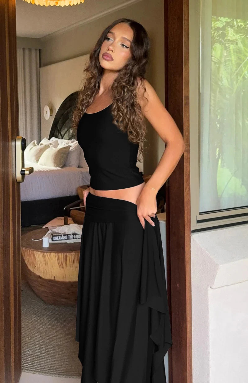 Dulzura Solid Sexy Elegant 2 Piece Skirt Set Backless Crop Camisole Ruched Slim Irregular Skirt Matching Set Party Club Clothes